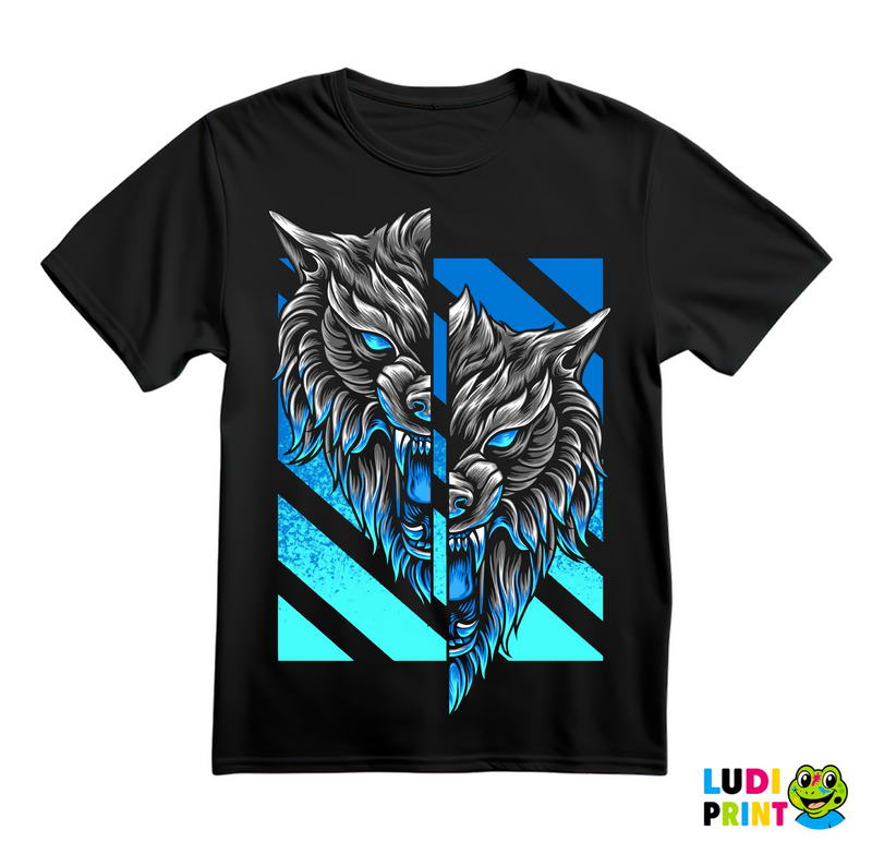 Dve Polovine Glave I Plava Pozadina - Vuk - Wolf - Životinje - Majica